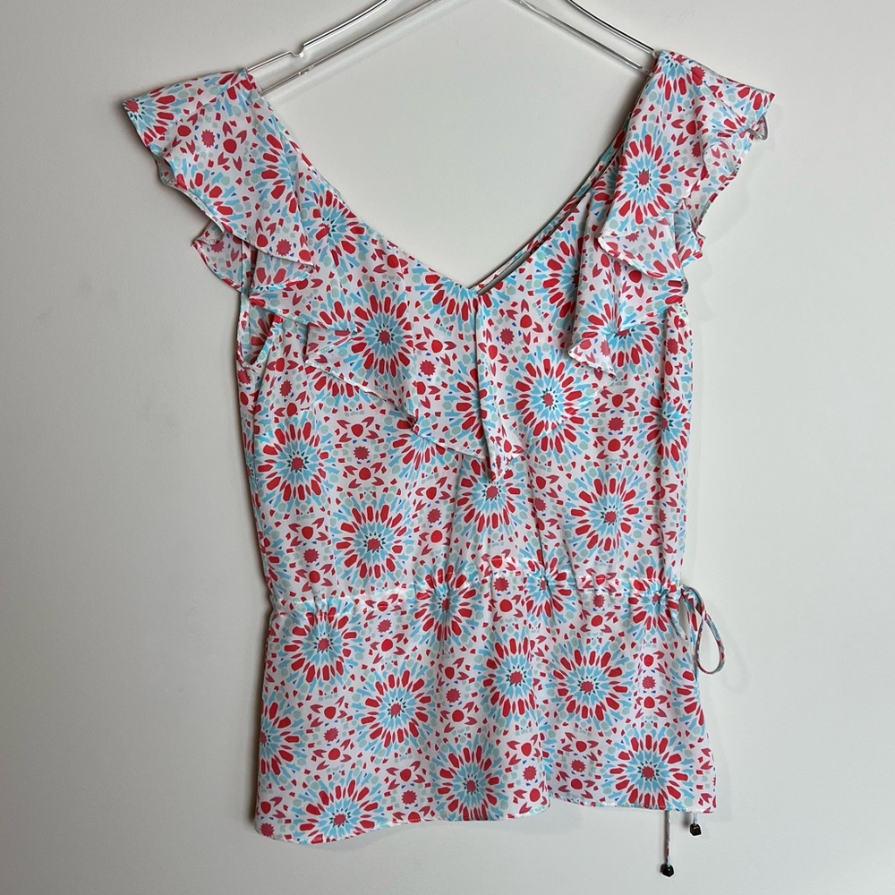 ANNIE GRIFFIN V Neck Sleeveless Blouse Small Floral Tie Waist✨